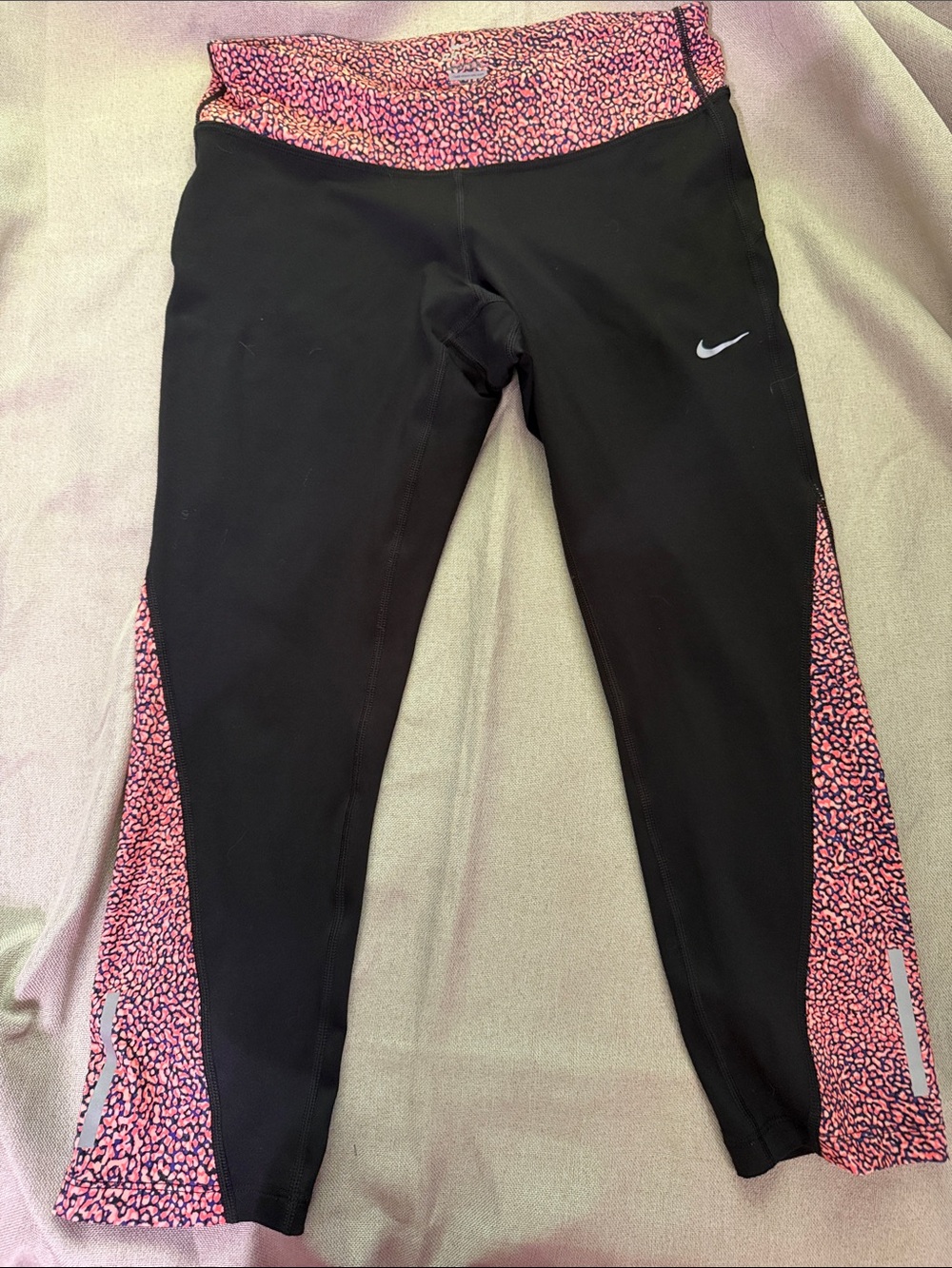 Nike Black Leggings with Pink Leopard Waistband & Side Panels
